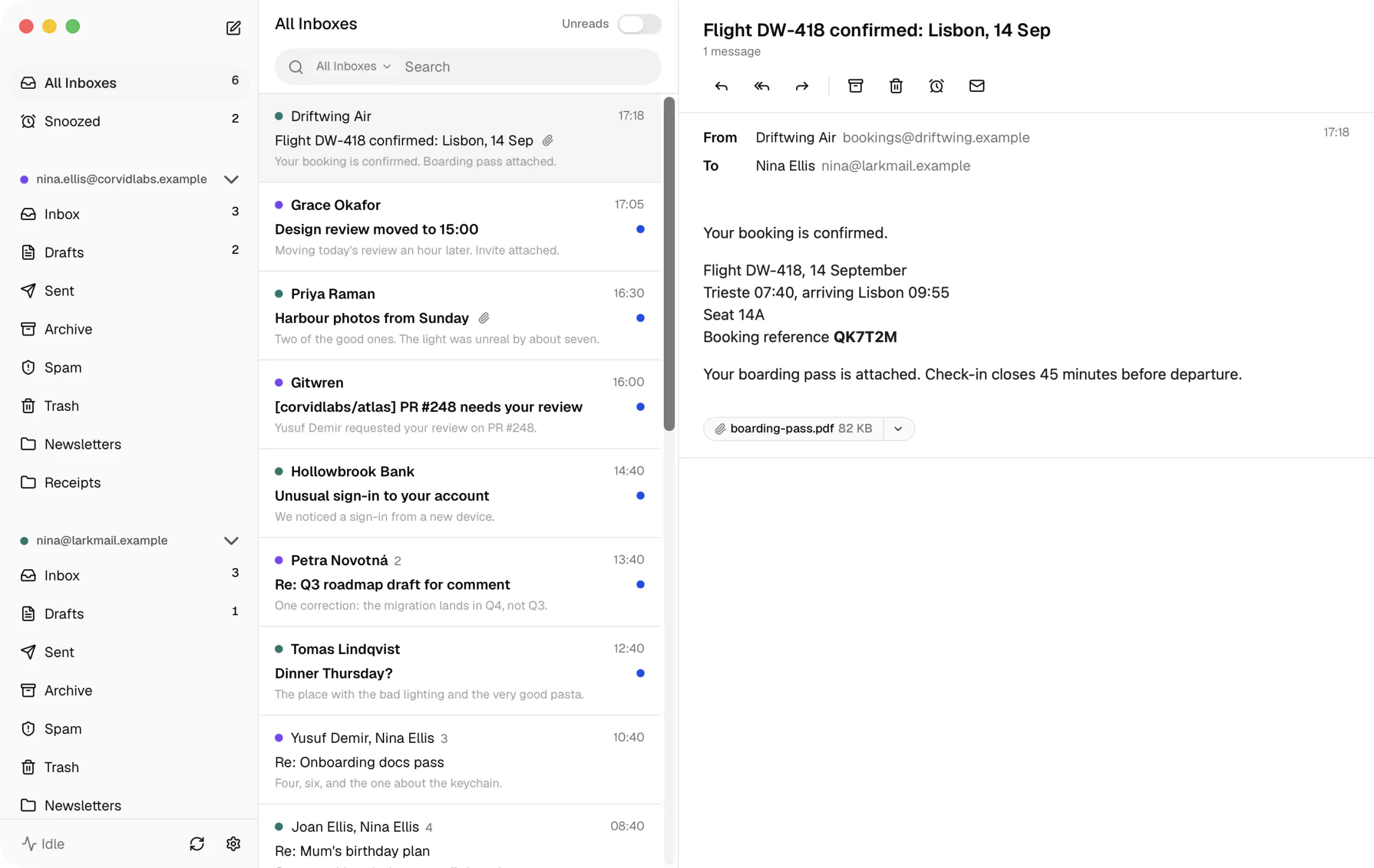Sutok showing two mail accounts in a single inbox, with a flight confirmation and its boarding pass attachment open in the reading pane.