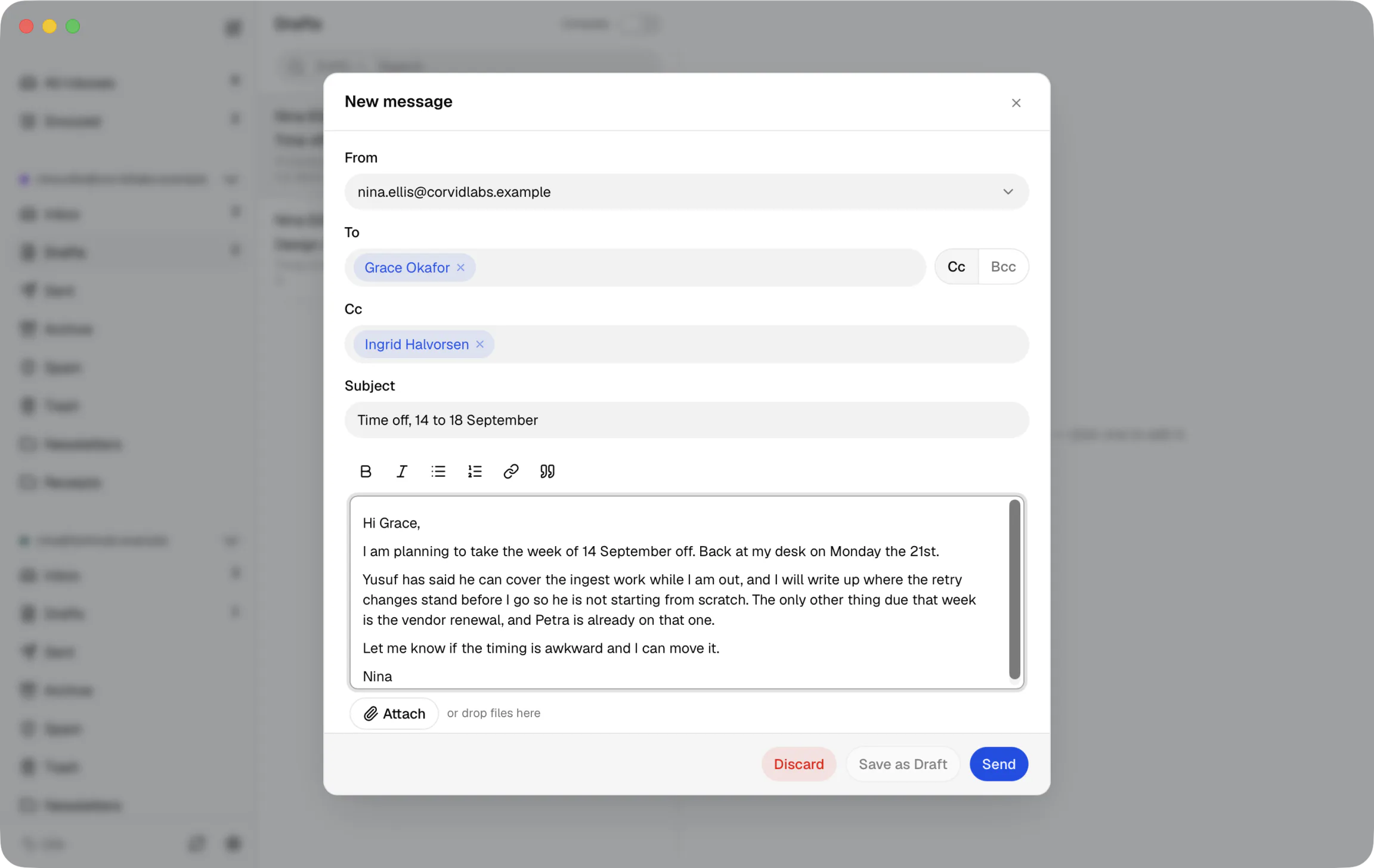 Sutok's New message window, with a recipient, a Cc, a subject line and a formatting toolbar above the draft.