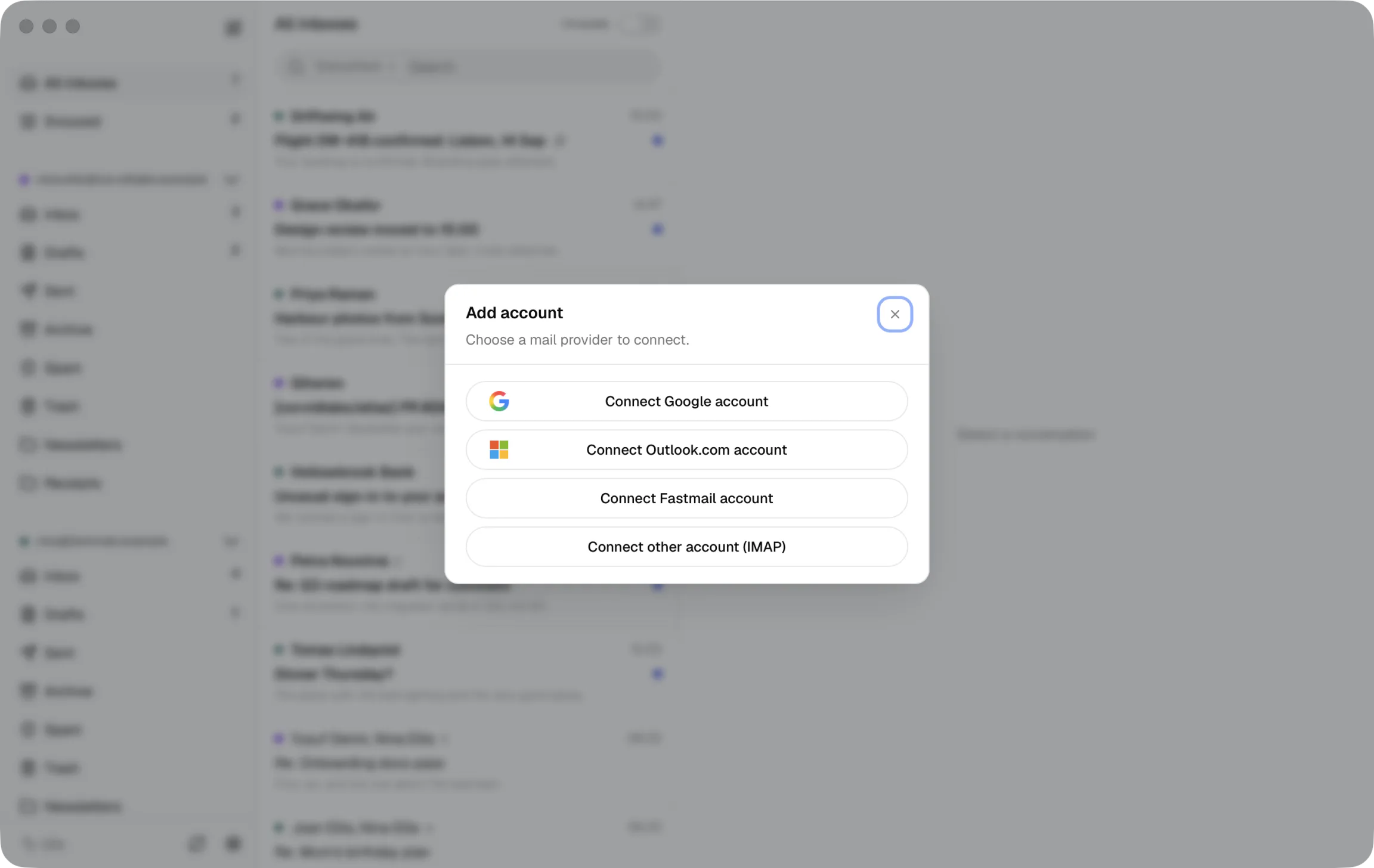 Sutok's Add account dialog, with branded controls for Google and Outlook.com followed by Fastmail and other IMAP accounts.